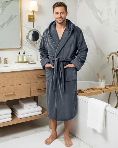 NY Threads Mens Robe with Hood, Luxury Plush Fleece Hooded Mens Bathrobe, Spa Bath Robe for Men thumbnail 2