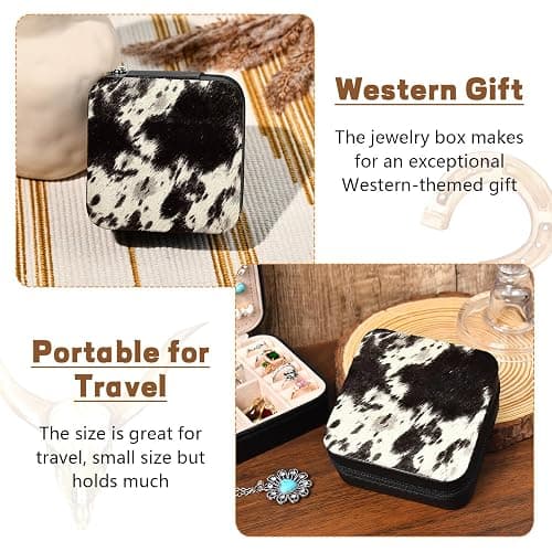 DEEKA Western Jewelry Box Case Real Leather Cow Print Cowhide Tooled Travel Jewelry Organizer Gifts Christmas Gifts for Women Country Girls Cowgirl Stuff Portable Travel Accessories -Black thumbnail 5