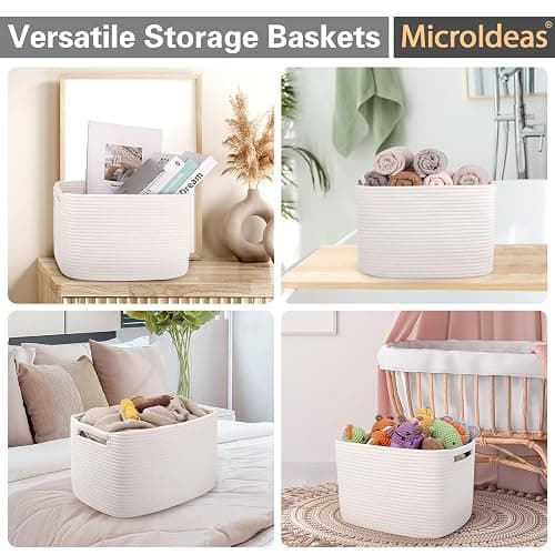 MicroIdeas Woven Rope Storage Baskets for Oragnizing, Soft Toy Bin for Kids, rectangle Cotton Baby Gift Basket for Nursery, Shelves Desk Bathroom, Set of 3 Off White - 13*9.8*9in (3 Pack) - Off White thumbnail 5