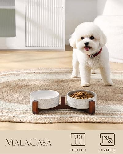 MALACASA Dog Bowl Set with Walnut Wood Stand, 1.5 Cups Ceramic Pet Bowls for Puppy Dogs, Dual Food and Water Bowls with Non-Slip Base, Basic Bowls for Your Dog or Cat, Five-Leaf Grass & Honeycomb thumbnail 3