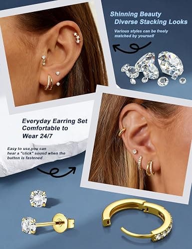 BESTEEL 7Pairs Hypoallergenic Gold Earrings for Women Trendy Small Stud Huggie Hoop Earing Stacks Set Cute Cartilage Helix Jewelry for Sensitive Ears Silver Dainty Christmas Stocking Stuffers Gifts thumbnail 4