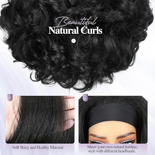 Quantum Love Yaki Curly Headband Wigs for Black Women - Kinky Straight Black Headband Curly Ends Synthetic Wear and Go Glueless Half Wig with Headbands Attached thumbnail 7