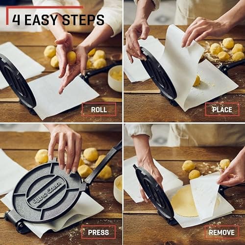 Uno Casa Cast Iron Tortilla Press 10 Inch - Tortilla Maker Press, Pre-Seasoned Roti Maker with 100 Pcs Parchment Paper - Heavy Duty Quesadilla Maker for Homemade Flatbreads, Rotis, Empanadas thumbnail 7