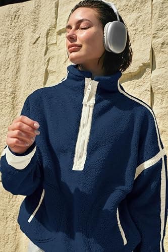Panadila Womens Half Zip Sherpa Fleece Pullover Soft Oversized Sweatshirt with Pockets Warm Fuzzy Sweater thumbnail 6