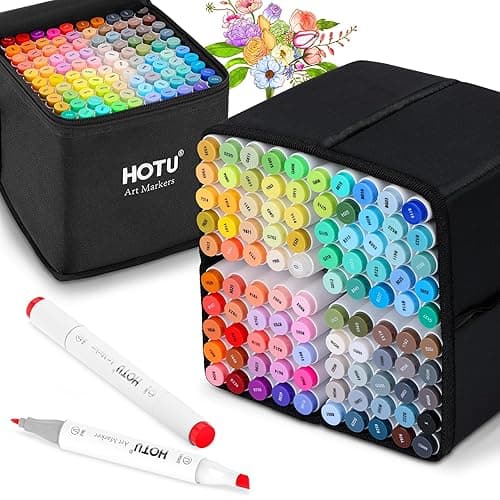 HOTU Alcohol Markers, 100 Colors Dual Tips, Coloring Art Marker Set for Adults Kids, Alcohol Based Markers for Permanent, Sketching, Drawing with Non-Blending Pad(Chisel & Fine) - Multicolor - 1 Count (Pack of 100)