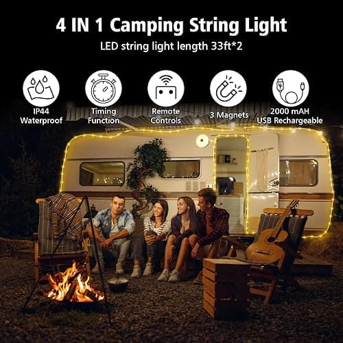 2PCS Camping String Lights 33ft, 4 in 1 Rechargeable 100LED Outdoor Tent String Lights with 14 Lighting Modes Remote Control Waterproof with Timer Function for Camping Gear Essentials Hiking Garden thumbnail 4
