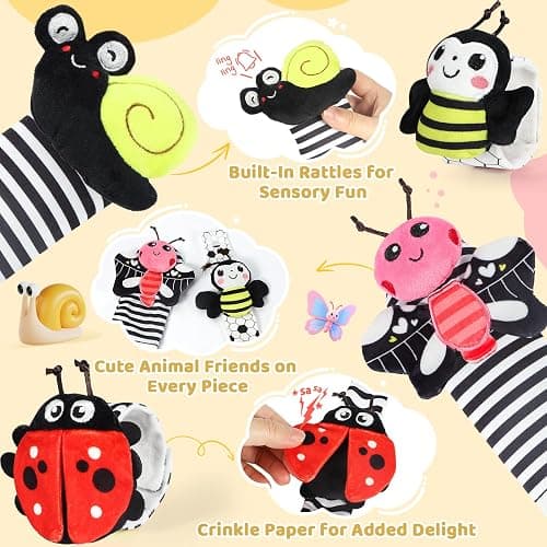 URMYWO Wrist Rattles for Baby - Rattle Socks - Foot Finder Set - High Contrast Black and White Baby Toys for 0-12 Months Infant - Newborn Essentials - Sensery Toys for Boys and Girls as Shower Gifts thumbnail 3