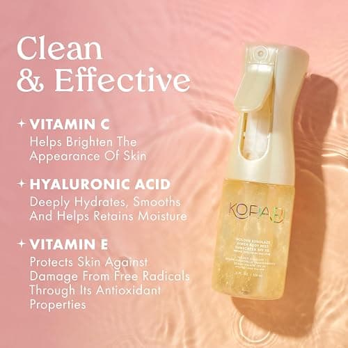 Kopari Golden Sunglaze Sheer Body Mist Sunscreen SPF 50, Infused with Shimmering Body Oil, Hydrating Mist, Hydrates, Brightens, Gives Skin a Glowy Finish, Lightweight, Fast-Absorbing. thumbnail 6