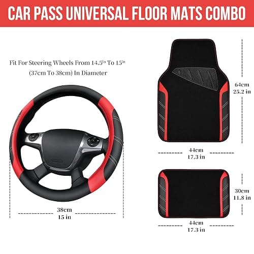 CAR PASS Leather Steering Wheel Cover and Waterproof Car Floor Mats,Microfiber Universal Car Combo Fit for 95% Sedan,SUV,Cars,14.5-15inch Sporty Anti-Slip Safety Comfortable Design(Black＆Red) thumbnail 2