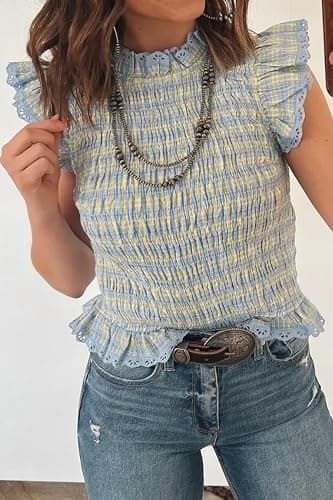 Apvirdy Women's Cute Gingham Smocked Tops Ruffle Sleeve Lace Trim Tank Top Frilled Mock Neck Shirred Slim Fit Crop Tank Tops thumbnail 3
