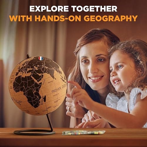 Cork Globe with Push Pins - 9.4” Globe with Map of the World and Rotating Stand for Children or Adults, 100 Metallic and 100 Colored Push Pins - World Map for Home, Office, Classroom, Travel, Kids thumbnail 6
