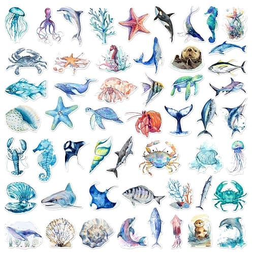 50pcs Ocean Animal Stickers for Water Bottles, Waterproof Adhesive Fish Decals Under The Sea Marine Life Stickers Ocean Stickers for Kids for Birthday Party Scrapbook Skateboard Phone Laptop - Ocean Animal thumbnail 5