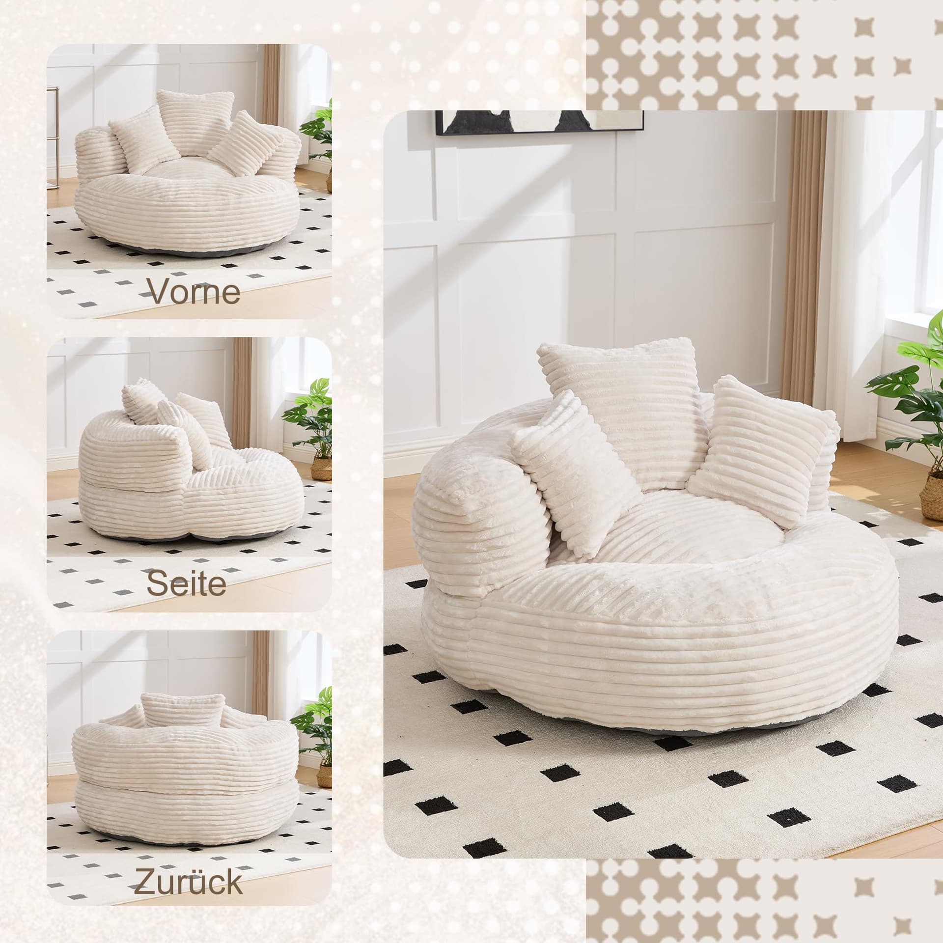 Soweiz Sofa Durable Comfort Lounger High Back Bean Bag Chair Sofa with Three Cushions for Adults and Kids, Single Gaming Couch Chair for Bedroom, Office (Corduroy Fabric Beige) thumbnail 9