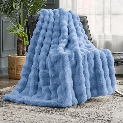 Cozy Bliss Faux Fur Bubble Throw Blanket for Couch, Fuzzy Soft Plush Thick Blanket for Sofa Bed Gift, 50x60 Inches Misty Blue thumbnail 2