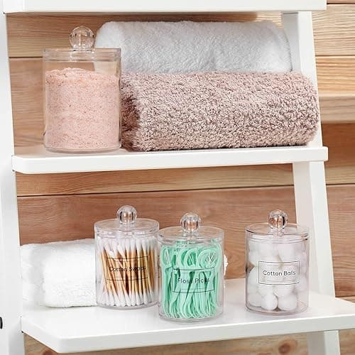 4 Pack Acrylic Qtip Holder Dispenser for Cotton Swabs, Balls, Pads, Floss Picks- Small Clear Plastic Canister Apothecary Jar Set, Bathroom Essentials Accessories Decor, Vanity Makeup Storage Organizer thumbnail 7