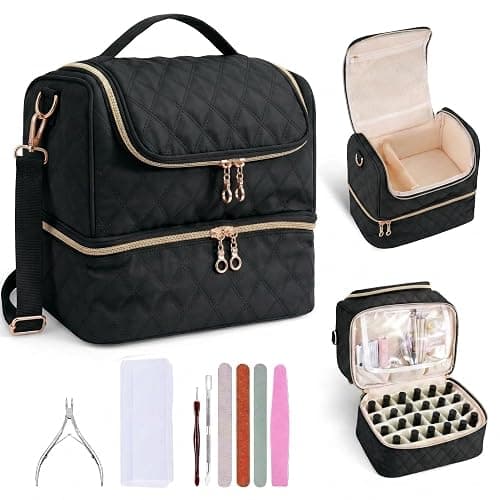 BAGCRAZY Nail Polish Organizer Case, Double Layer Nail Supplies Storage Bag holds 24 Bottles & UV/LED Lamp, Quilted Portable Manicure Travel Case with 8 Pcs Tools, for Nail Tech, Home & Salon, Black - Image 1