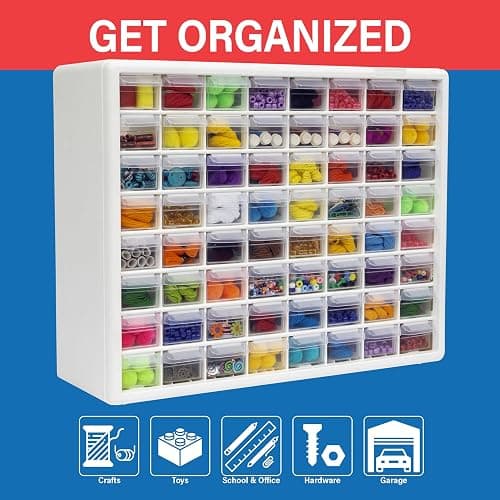 Akro-Mils 64-Drawer Plastic Drawer Storage Cabinet for Garage Organization, Bead Organizer, Building Bricks Storage, Teacher Toolbox, Makeup Organizer, 20" W x 6" D x 16" H, 10164 White thumbnail 3