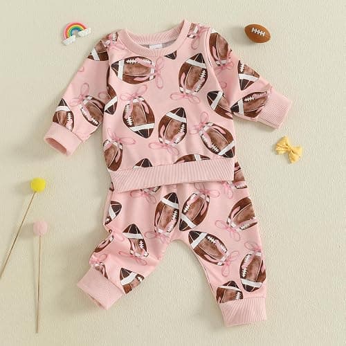 Toddler Baby Girls Football Outfit Funny Rugby Bow Print Sweatshirt Top Pants Set 2Pcs Fall Sport Pullover Clothes thumbnail 5