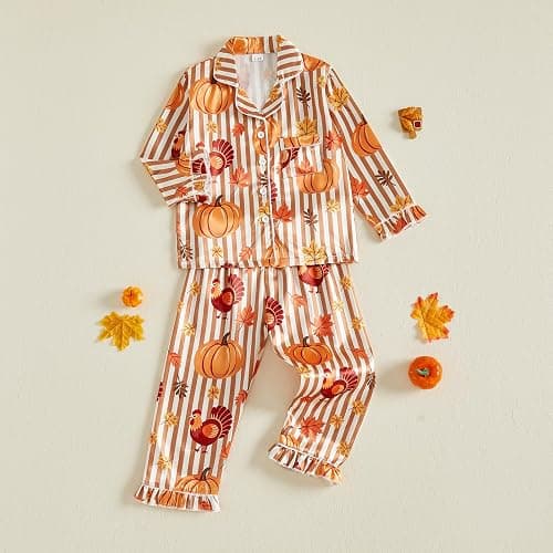 Kids Thanksgiving Pajamas Toddler Girl Turkey Pajama Shirt Pants Set | Little Girl Ruffle Cuffs Long Sleeve Button Down Shirt Stain Pants Set Loungewear Sleepwear Two Piece Pjs Set thumbnail 6