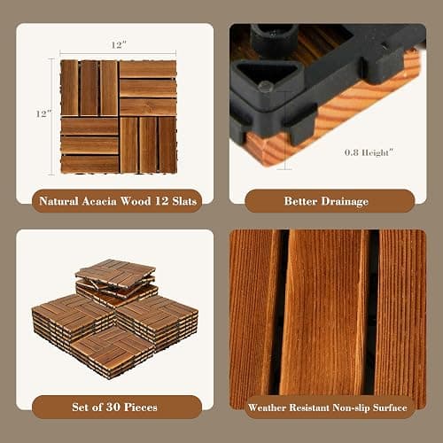 30 Pcs Interlocking Deck Tiles Solid Wood, Patio Floor Decking Tiles, Wooden Patio Flooring Outdoor Waterproof, Acacia Wood Decking All Weather for Balcony, Backyard, Porch, Poolside Use, Brown thumbnail 2