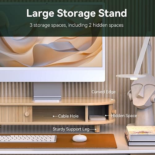 WELL WENG Bamboo Monitor Stand with Storage, Curved Computer Laptop Stand Desk Shelf Organizer with Sliding Doors (25 inch) thumbnail 2