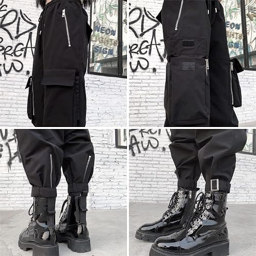 MEINVQIAOTI Black Cargo Pants Women Loose Chained Multi-Pocket Multi-Zip Punk Goth Pants thumbnail 8