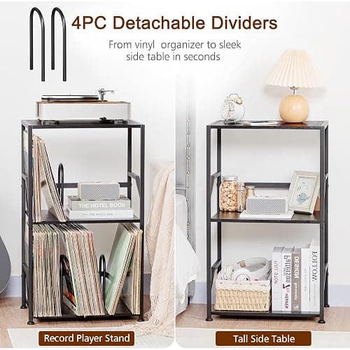 LOAKEKEL Record Player Stand, Vinyl Record Storage Up to 200 Albums, 3 Tier End Table with Removable Dividers, Tall Side Table for Living Room, Bedroom, Black, HETCD010BK1 thumbnail 7