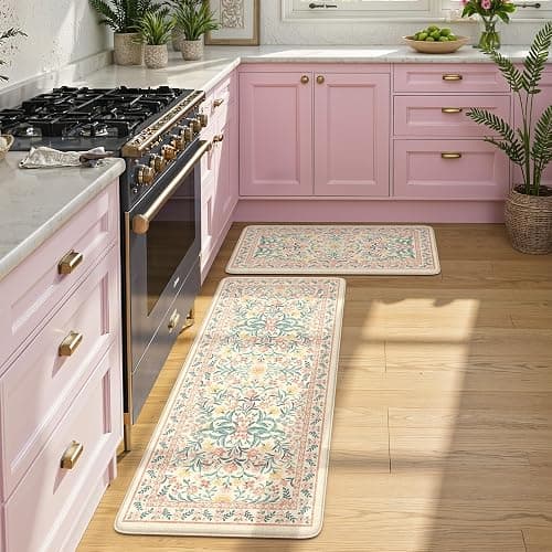 Collive Kitchen Mats Cushioned Anti Fatigue, Waterproof Kitchen Floor Mat Non Slip Desk Rugs Comfort Standing Rug, Pink Floral Carpets for Sink, Office, Laundry, Home Decor, 20" x 47" + 20" x 32" thumbnail 8