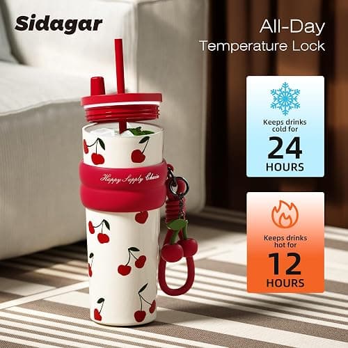 SDGA+ 24 oz Stainless Steel Tumbler with Lid and Straw, Insulated Water Bottle Leak Proof for Hot and Cold, Portable Travel Coffee Mug, Reusable Coffee Cup for Women, Cherry thumbnail 5