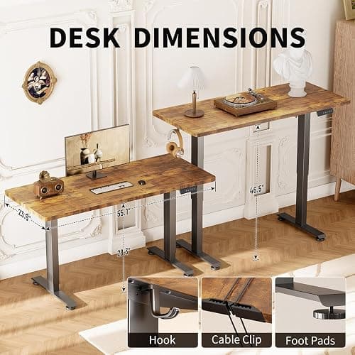 Veken 55 Inch Large Electric Standing Desk, Gaming Table, Brown | Height Adjustable Sit Stand Up Computer Tables for Home Office, Study , Writing, Suit students, employees and group work thumbnail 3