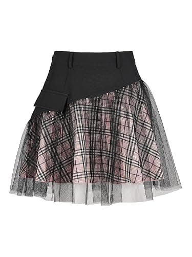 PUNK RAVE DAILY Women Gothic Skirts Women Goth Mini Plaid Skirt with Tulle Punk Dunk High Waist A-Line Party Skirt thumbnail 2