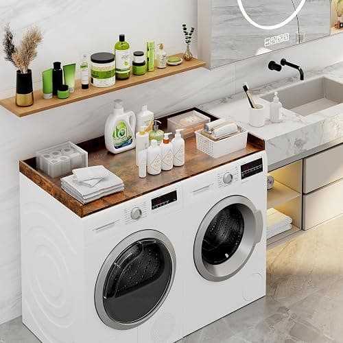 efluky Washer Dryer Countertop, Wood Countertop with Edge Rails for Laundry Room Organization and Storage, Washer Dryer Topper for Laundry Room, 27.5" x 54" Rustic Brown thumbnail 2