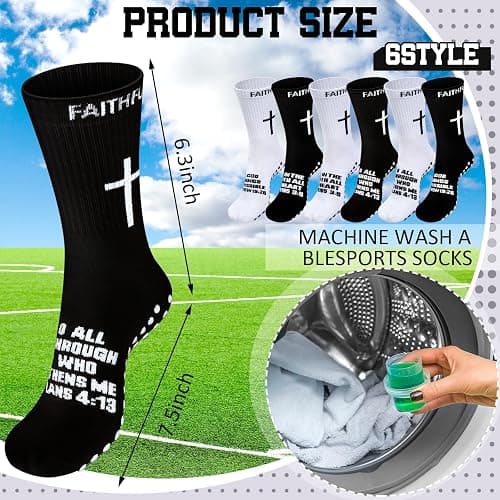 Glitopper 6 Pairs Christian Cross Socks Anti Slip Soccer Sock with Rubber Dot Religion Gift for Men Youth Women Sports thumbnail 4