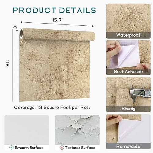 VEELIKE Aged Tan Concrete Wallpaper Peel and Stick Textured Distressed Concrete Look Wallpaper for Bedroom Living Room 15.7''x118'' Removable Waterproof Stone Contact Paper for Accent Wall Countertops thumbnail 2