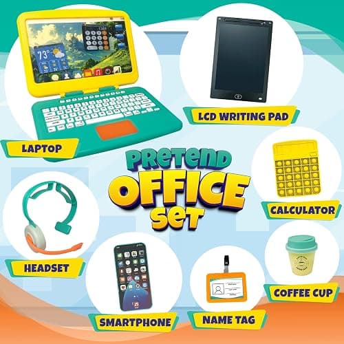 BLOONSY Pretend Play Home Office Set for Kids Ages 3-5-7 | Features Toy Laptop Computer, LCD Writing Tablet, Pop Fidget Calculator, Cell Phone, Headset & Toddlers Beverage Cup thumbnail 2