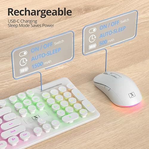 Fogruaden Rechargeable Wireless Keyboard and Mouse, Backlit Cute Keyboard and Mouse Combo with Retro Round Keycap, 2.4G Connectivity for Windows PC, Laptop, Desktops, Computer(White) thumbnail 6