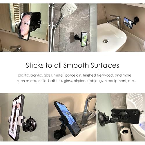 Universal Mirror Shower Phone Holder, Multi-Directional Dual 360 Degree Rotating Suction Cup Phone Wall Mount stand, Tiktok Youtube Vlog Video Recording Kit, airplane travel essentials accessories thumbnail 3