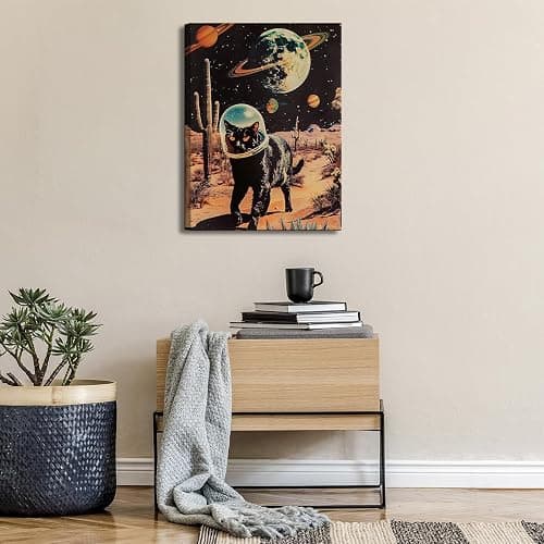 Ijeroain Black Space Cats Wall Art Funny Cat Wall Decor Pictures Cat astronaut painting artwork Cosmic planet Whimsical Print for Boys and Girls Room Bedroom home decoration 16x24in Canvas thumbnail 4
