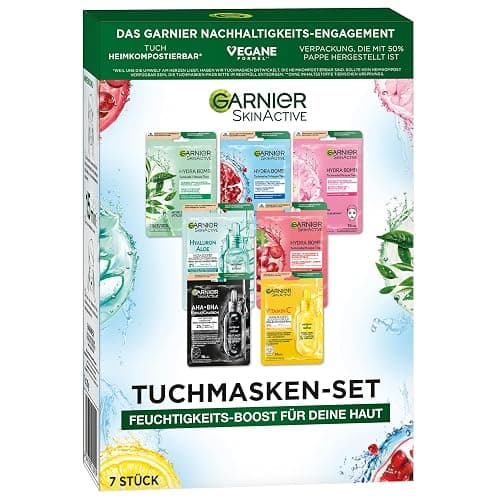 Garnier Tuchmasken Set für jeden Hauttyp, 7 Gesichtsmasken für trockene bis normale Haut, Vegane Formel mit Hyaluronsäure, Hydra Bomb und Nutri Bomb Maskenset, 7 x 28 g - Image 1
