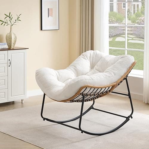 ONBRILL Outdoor Rocking Chairs, Oversized Papasan Rocking Chair Indoors with Padded Cushions, Rattan Wicker Lounge Chair for Living Room, Porch, Patio, Garden - Image 1