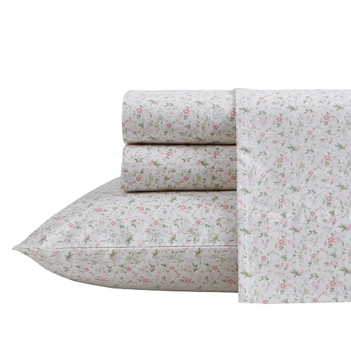 Laura Ashley - Twin XL Size Sheet Set, Crisp Cotton Percale Bedding with Matching Pillowcase, Fully Elastic Fitted Sheet, Deep Pocket, Floral Room Decor, Breathable All-Season Comfort (Evie Pink) - Image 1
