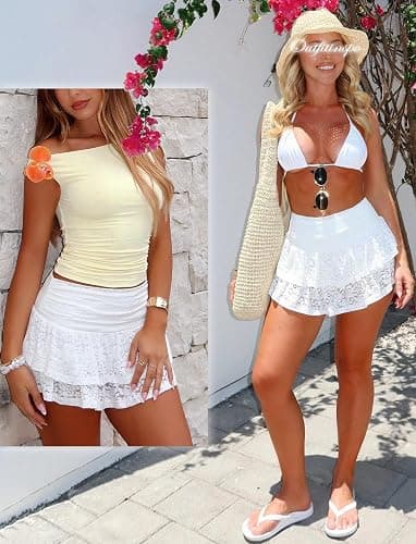 OZICERD Lace Ruffle Mini Skirts for Women High Waisted See Through Pleated Skort Micro Skirt Y2k Cute Short Skirt with Shorts thumbnail 5