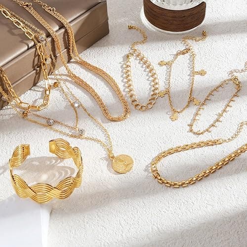 17IF 38-59 Pcs(9-8 Pack) Gold Plated Jewelry Set for Women With 8 Necklace 12 Bracelet 27 Ring 12 Pair Earring Hoop Simple Sparkle for Happy thumbnail 6