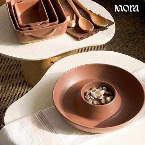 Mora Ceramic Chips and Dip Serving Tray: Large Divided Party Bowl Set for Chips & Salsa, Veggies & Dip, Fruit, Snacks, Entertaining, Hosting, etc. Minimalist Design for the Modern Hostess - Terracotta thumbnail 7