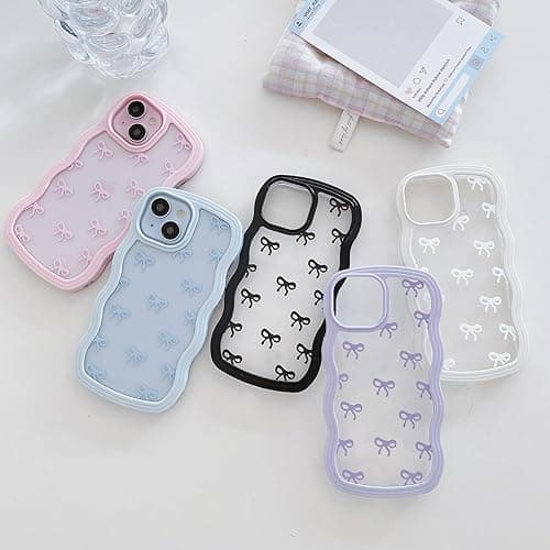 QLTYPRI Bow Case for iPhone 13/iPhone 14, Clear Cute Ribbon Bow Phone Case Curly Wavy Aesthetic Phone Case, Slim Soft Transparent Shockproof Protective Cover for Women Girls - Purple - iPhone 13/14 - Purple thumbnail 6