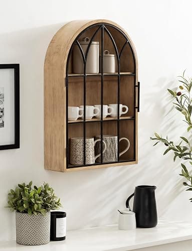 Kate and Laurel Megara Decorative Wooden Hanging Arched Wall Cabinet with Door for Open Storage; 16 x 5 x 24; Natural Wood and Black; Wooden Floating Wall Bathroom Cabinet for Above Toilet Storage thumbnail 2