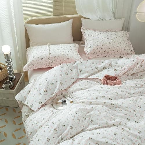Vintage Floral Comforter Set Full Size Garden Style Pink Floral Bedding Set Aesthetic Cottagecore Flowers Botanical Comforter Set with 2 Pillowcases Fluffy Lightweight Bedding Set for All Seasons thumbnail 6