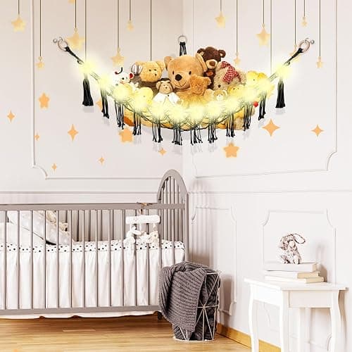 CERETIA Stuffed Animal Hammock with LED Light, Large Stuffed Animals Storage Corner Plushie Net for Kids Room Decor, Black thumbnail 2