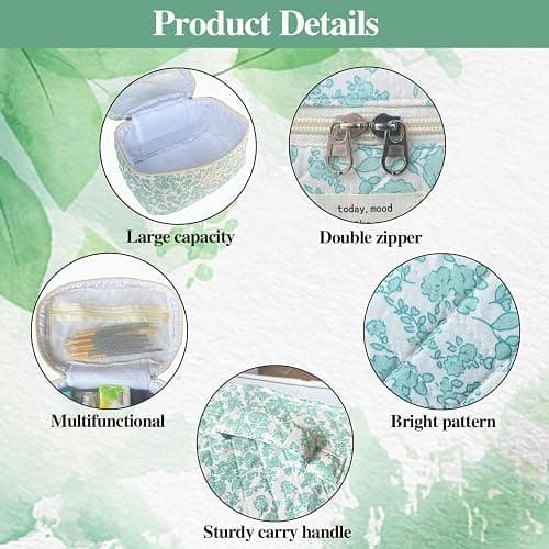 WYJ Green Large Quilted Floral Makeup Bag Cute Soft Coquette Aesthetic Cosmetic Bag Cotton Travel Toiletry Bag for Women thumbnail 4