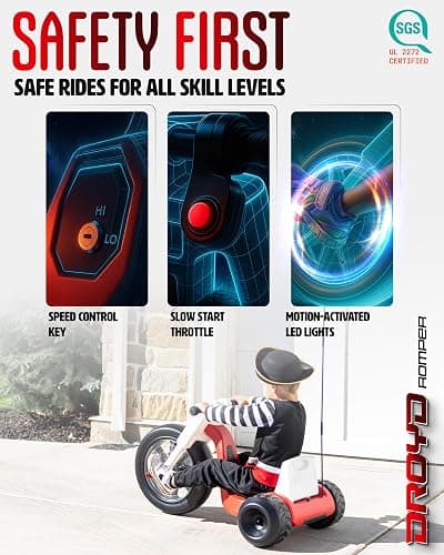 Droyd Romper Electric Tricycle for Kids 3+ Years, 24V Toy 3-6 MPH Max Speed & 45 Mins Max Long Lasting, Parental Speed Control Safe Trike with Adjustable Seat & LED Lights for Kids Gifts thumbnail 4